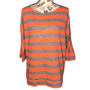 Loft LARGE Gray Orange Striped Wide Hem Cuff Back Button Detail Pullover Tee